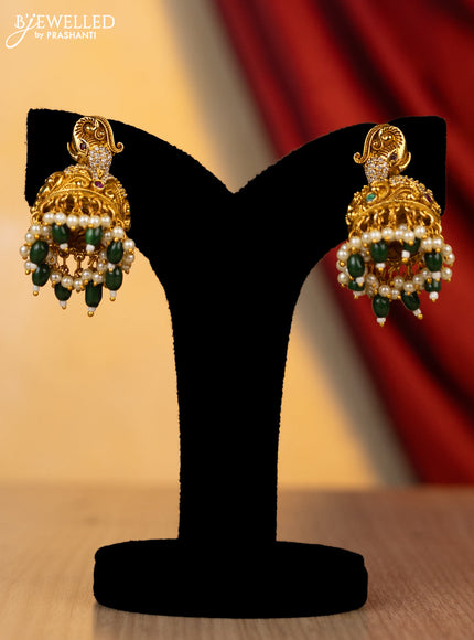 Antique necklace lakshmi design with kemp,cz stone and green pearl beads hanging