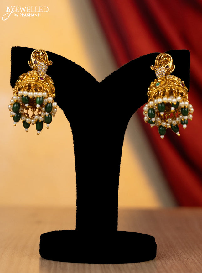 Antique necklace lakshmi design with kemp,cz stone and green pearl beads hanging