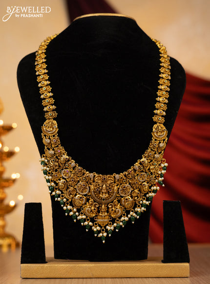 Antique haaram lakshmi design with kemp,cz stone and green pearl beads hanging without earing