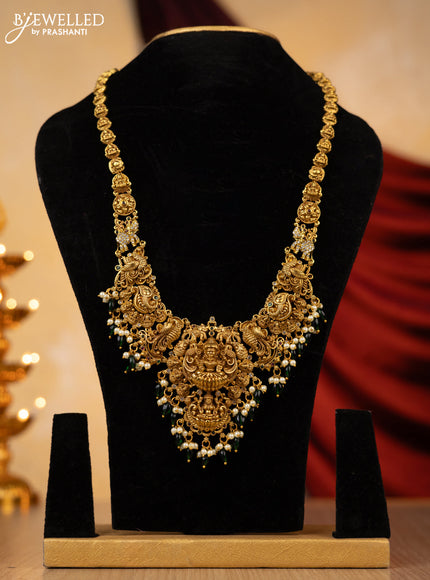 Antique haaram lakshmi design with kemp,cz stone and green pearl beads hanging without earing