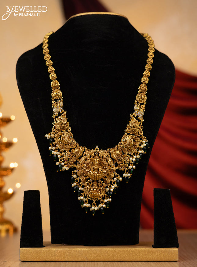 Antique haaram lakshmi design with kemp,cz stone and green pearl beads hanging without earing