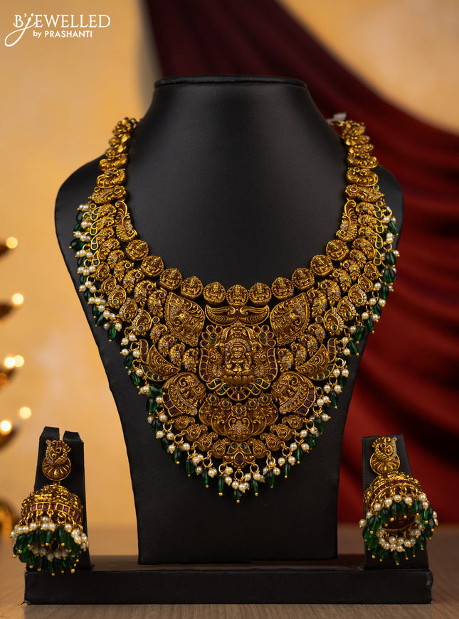 Antique necklace lakshmi design with kemp,cz stone and green pearl beads hanging