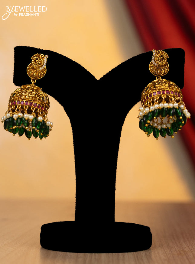 Antique necklace lakshmi design with kemp,cz stone and green pearl beads hanging