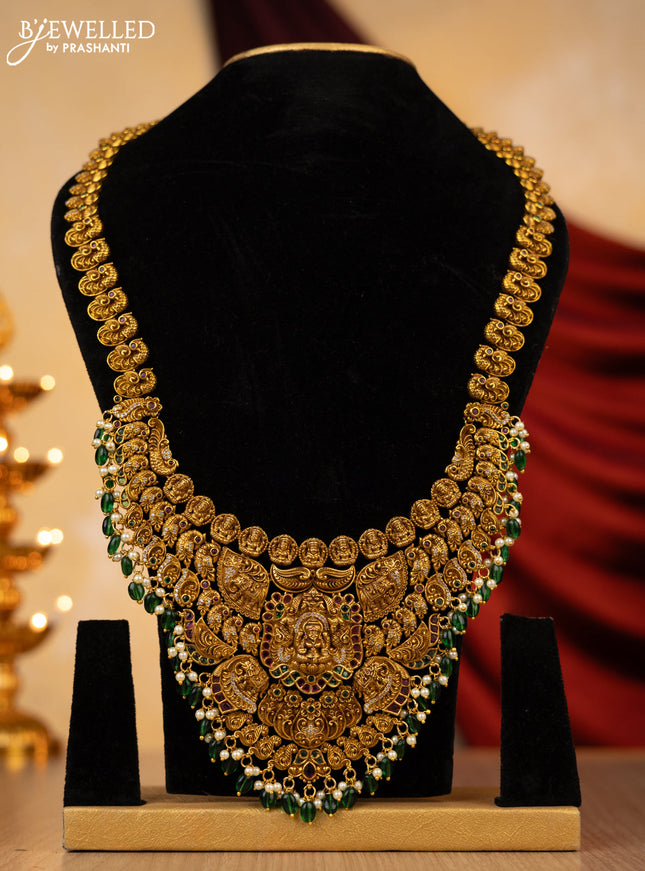 Antique haaram lakshmi design with kemp,cz stone and green pearl beads hanging without earing