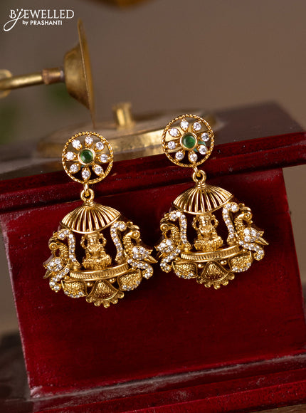 Antique earrings lakshmi design with green kemp and cz stones