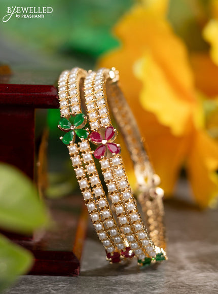 Pearl rajawadi bangles floral design with kemp stones and pearls in gold finish
