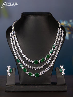 Zircon necklace three layer in green and white cz stones