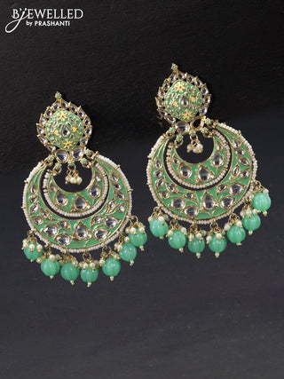 Fashion dangler chandbali teal green minakari earrings with kundan stones and beads hangings