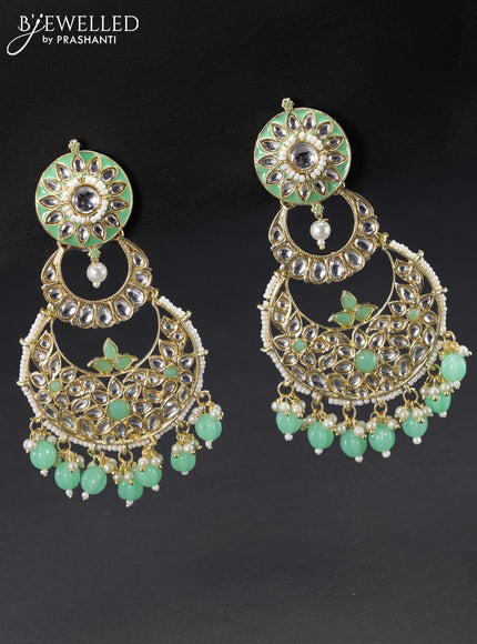 Fashion dangler chandbali teal green minakari earrings with kundan stones and beads hangings