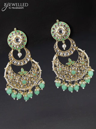 Fashion dangler chandbali teal green minakari earrings with kundan stones and beads hangings