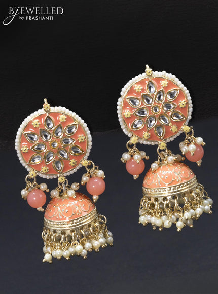 Fashion dangler peach jhumka with kundan stone and pearl hangings