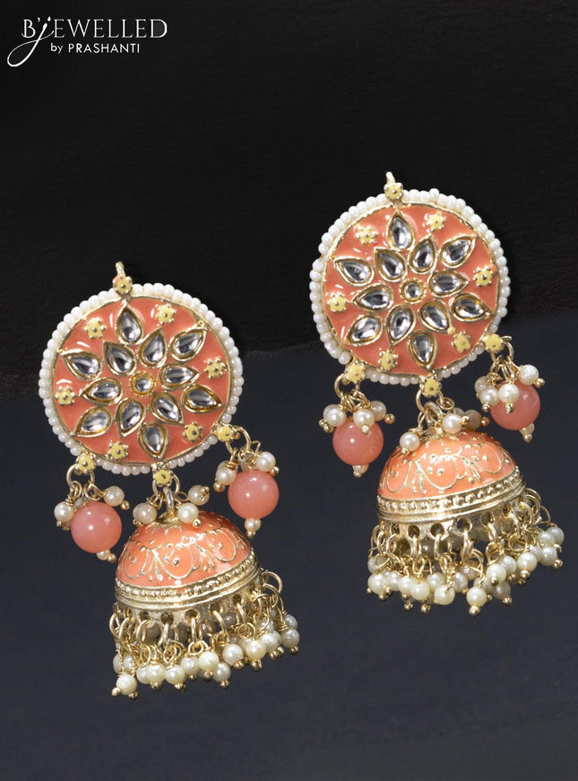 Fashion dangler peach jhumka with kundan stone and pearl hangings