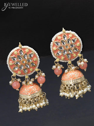 Fashion dangler peach jhumka with kundan stone and pearl hangings