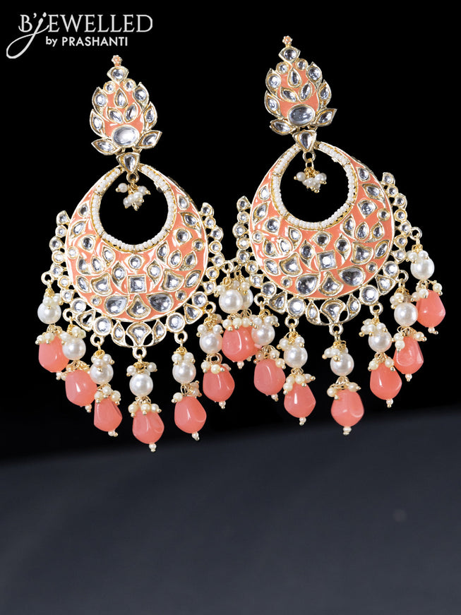 Fashion dangler chandbali peach pink minakari earrings with beads and pearl hangings