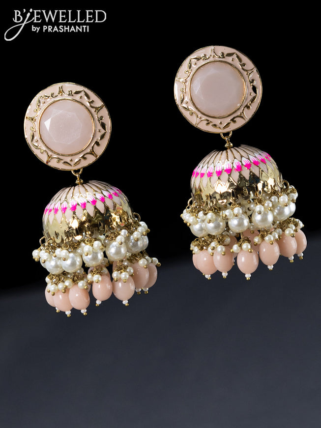 Fashion dangler jhumka with peach stone and beads & pearl hangings