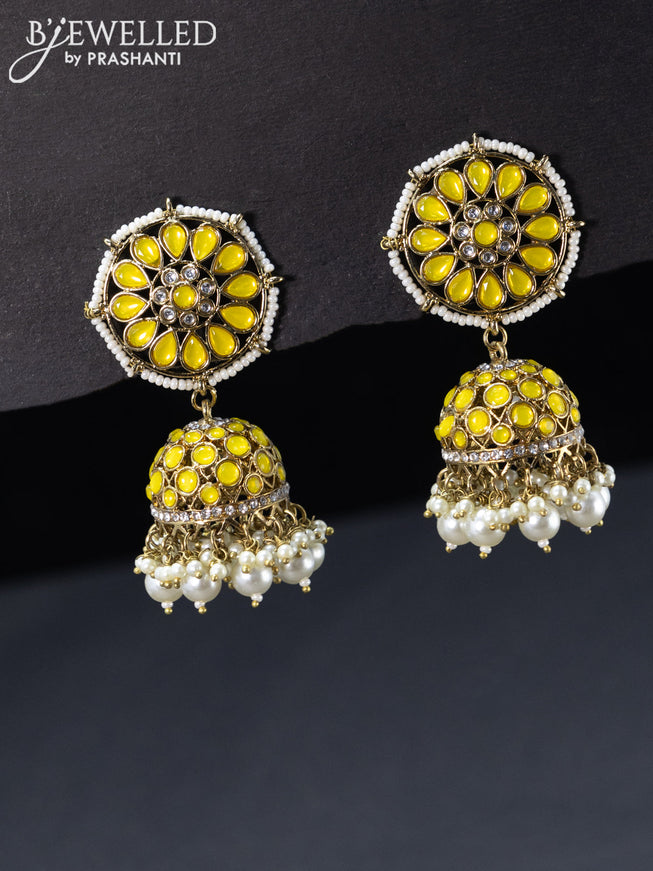 Fashion dangler jhumka with yellow stone and pearl hangings