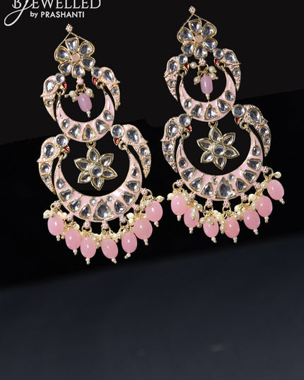 Fashion dangler chandbali baby pink minakari earrings with beads and pearl hangings