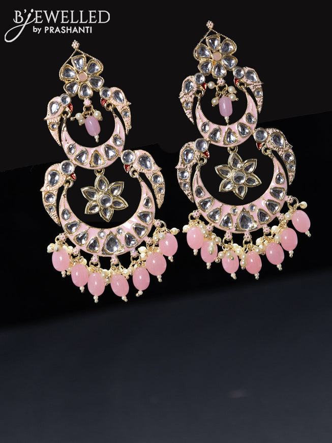 Fashion dangler chandbali baby pink minakari earrings with beads and pearl hangings