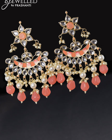 Fashion dangler minakari peach earrings with beads and pearl hangings