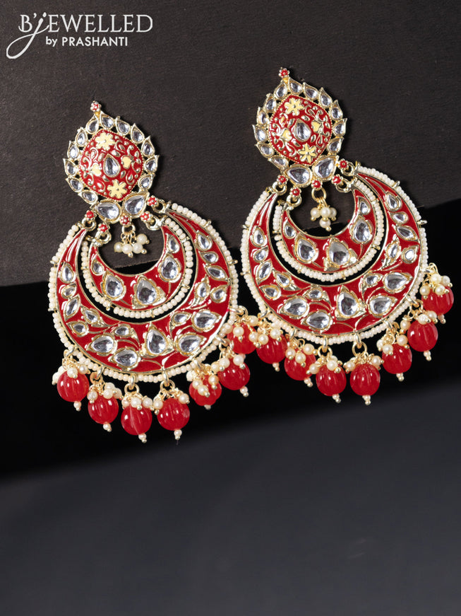 Fashion dangler chandbali red minakari earrings with beads and pearl hangings
