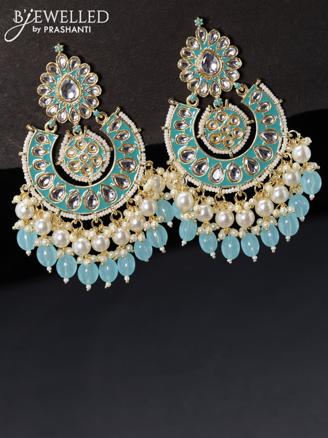 Fashion dangler chandbali light blue minakari earrings with beads and pearl hangings