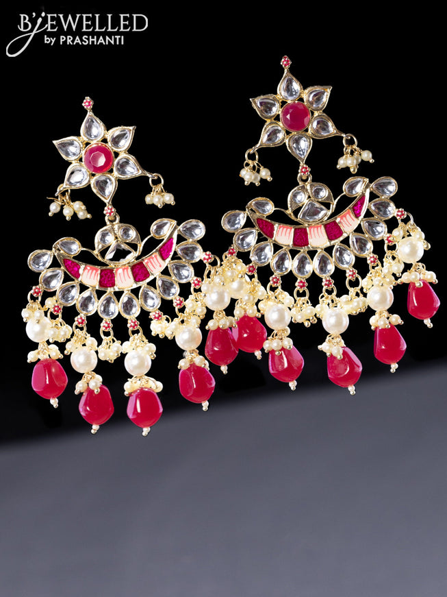 Fashion dangler minakari dark pink earrings with kundan stone pearl hanging