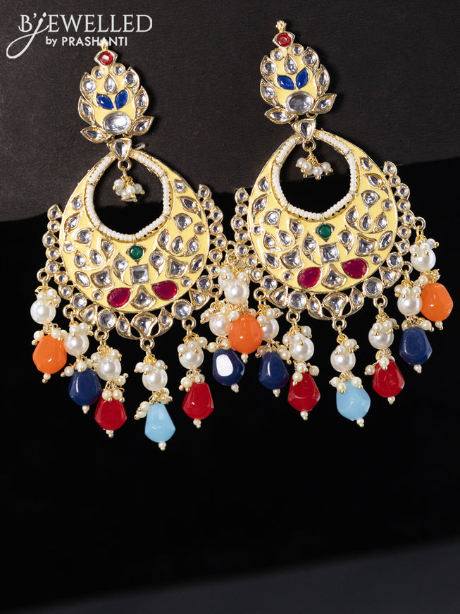Fashion dangler chandbali cream minakari earrings with multicolour beads hanging