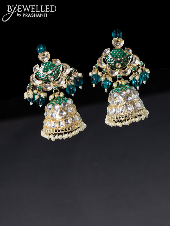 Fashion dangler teal green jhumkas with kundan stones and pearl hanging
