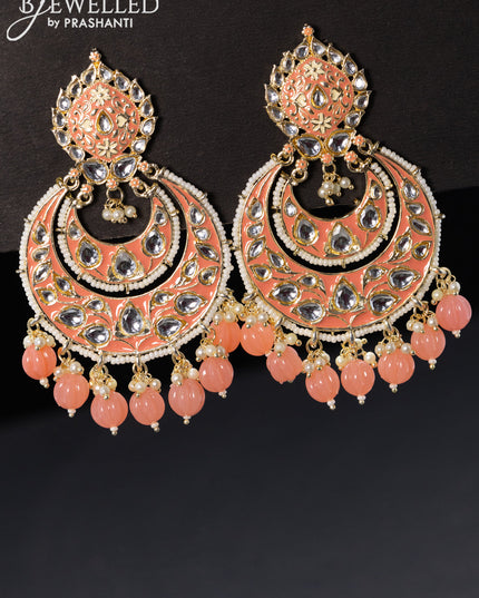 Fashion dangler chandbali peach pink minakari earrings with pearl hanging