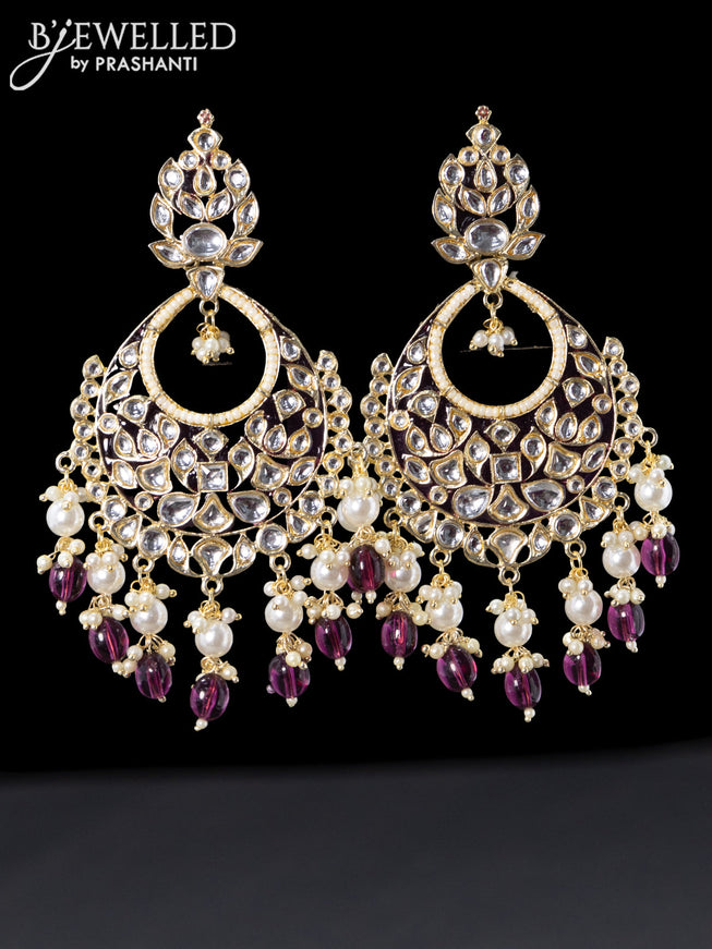 Fashion dangler chandbali purple minakari earrings with pearl hanging