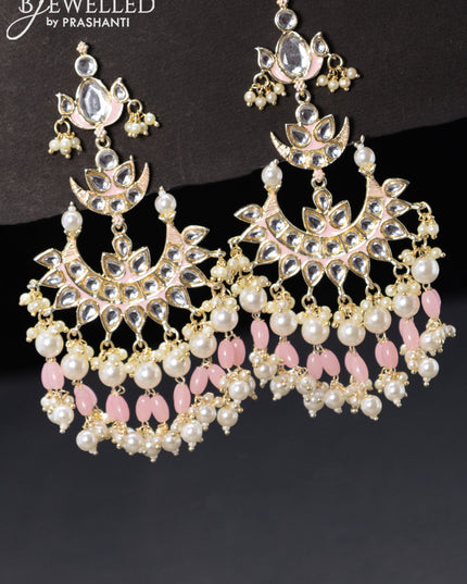Fashion dangler chandbali baby pink minakari earrings with pearl hanging