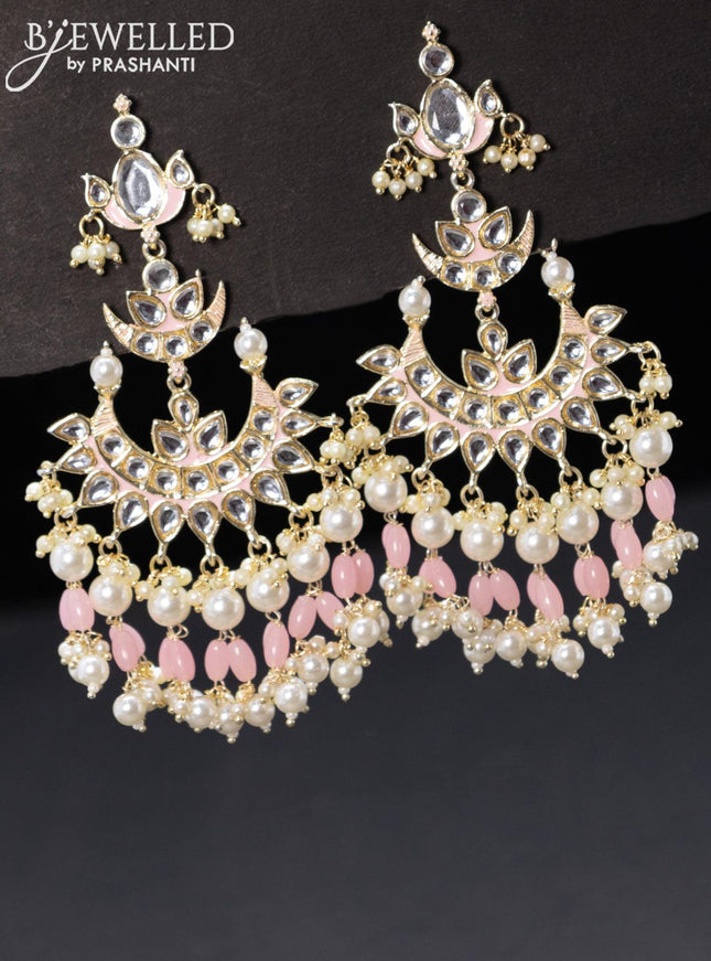 Fashion dangler chandbali baby pink minakari earrings with pearl hanging