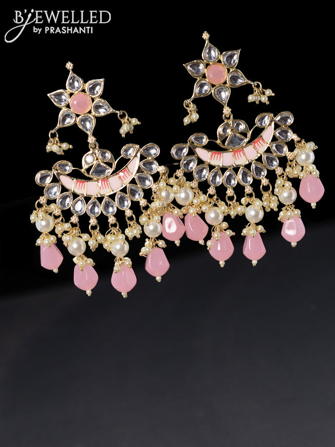 Fashion dangler minakari baby pink earrings with pearl hanging