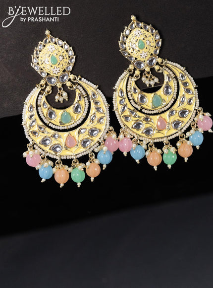 Fashion dangler chandbali cream minakari earrings with multi colour beads hanging