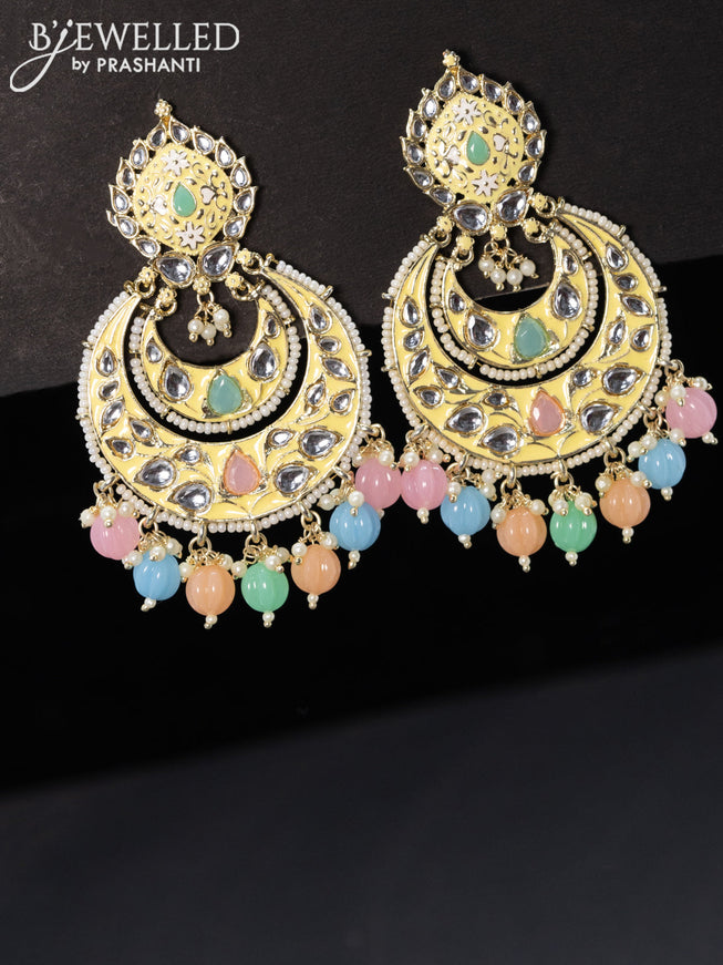 Fashion dangler chandbali cream minakari earrings with multi colour beads hanging