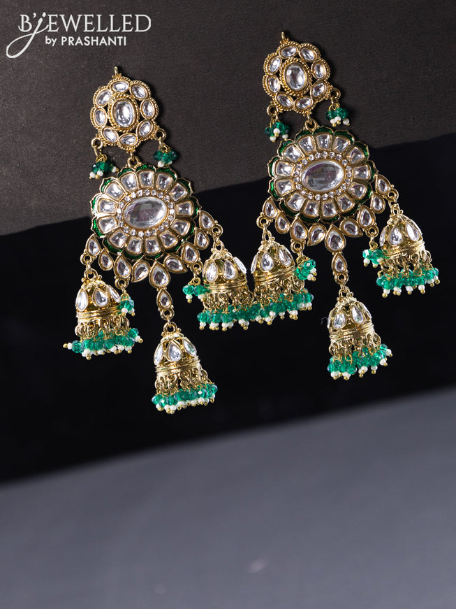 Fashion dangler jhumka with kundan stones and green beads hangings
