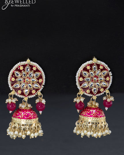 Fashion dangler jhumkas with pink minakari and pearl hangings