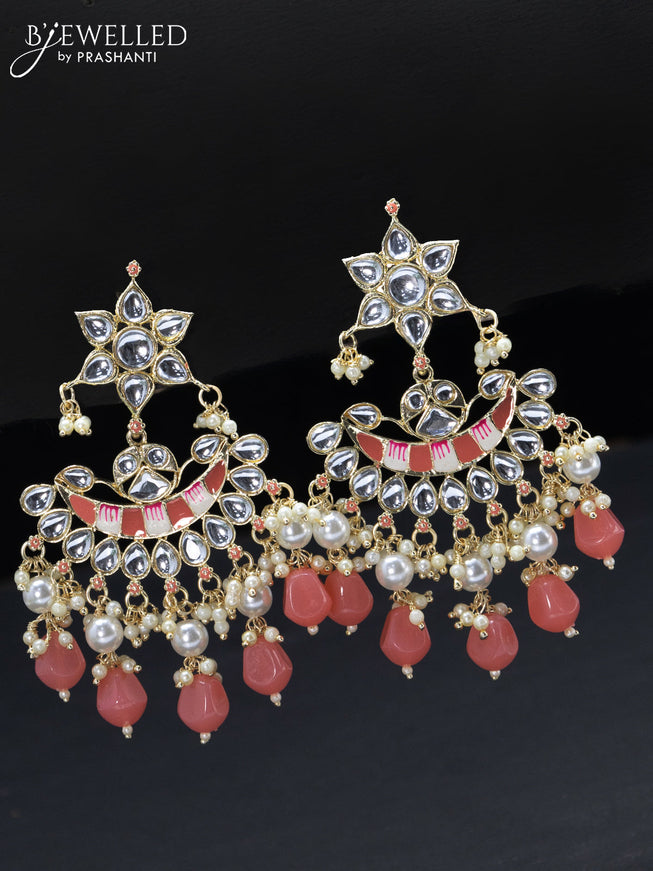 Fashion dangler minakari peach earrings with pearl hangings