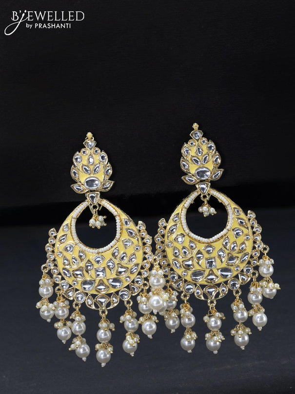 Fashion dangler chandbali yellow minakari earrings with pearl hangings