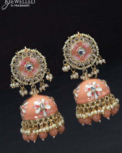 Fashion dangler minakari peach jhumkas with pearl hangings