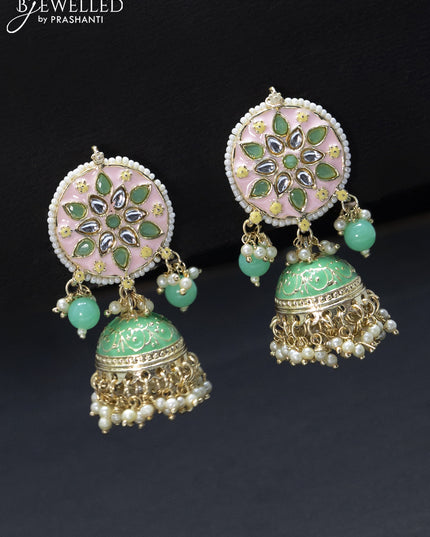 Fashion dangler jhumkas baby pink and mint green minakari with pearl hangings