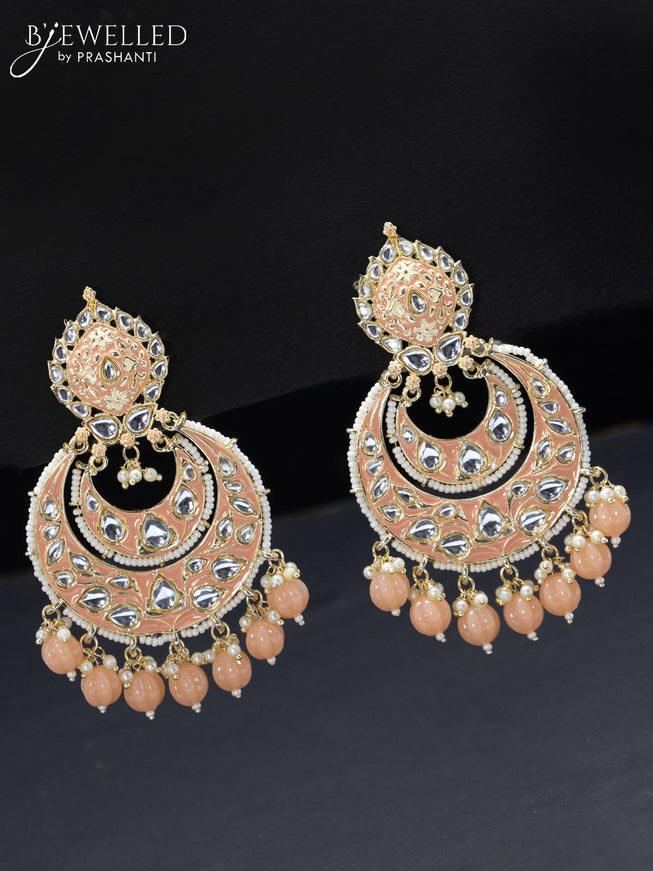 Fashion dangler chandbali peach minakari earrings with pearl hangings