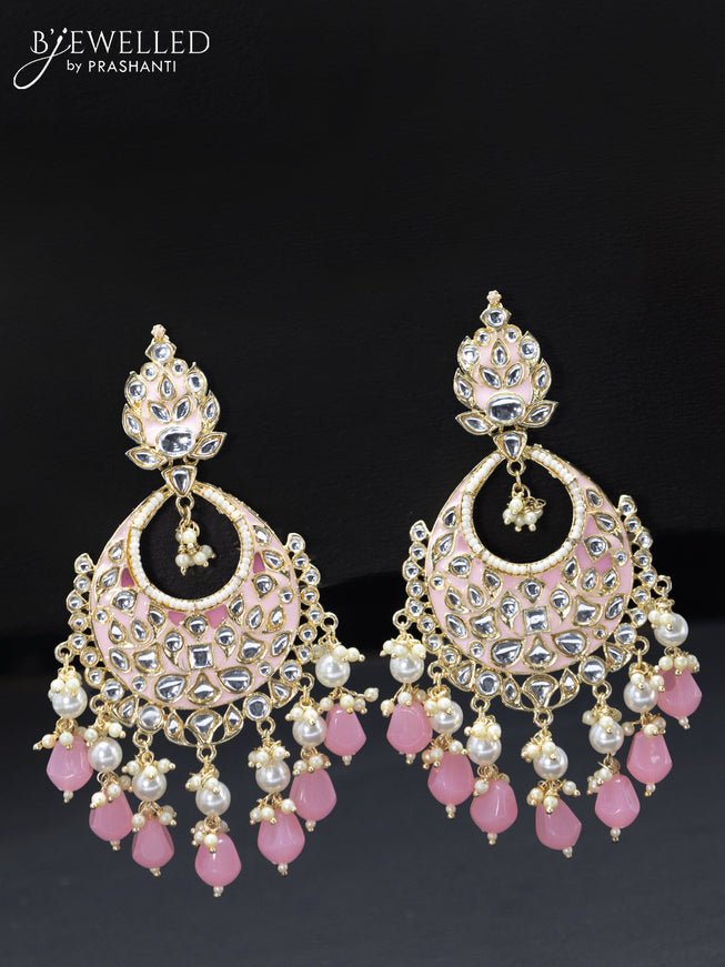 Fashion dangler chandbali baby pink minakari earrings with pearl hangings