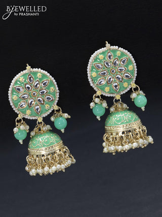 Fashion dangler jhumkas with mint green minakari and pearl hangings
