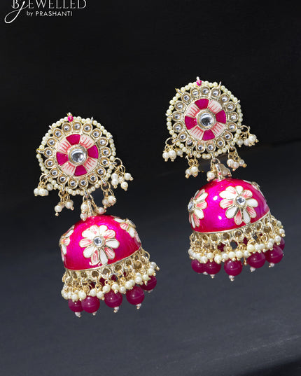Fashion dangler minakari pink jhumkas with pearl hangings