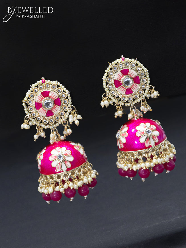Fashion dangler minakari pink jhumkas with pearl hangings