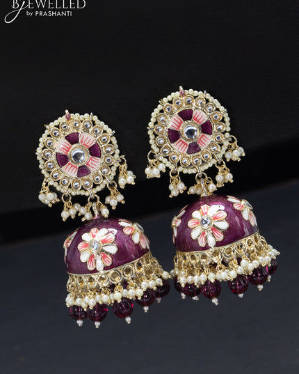 Fashion dangler minakari purple jhumkas with pearl hangings