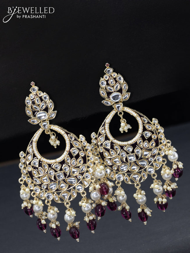 Fashion dangler chandbali purple minakari earrings with pearl hangings
