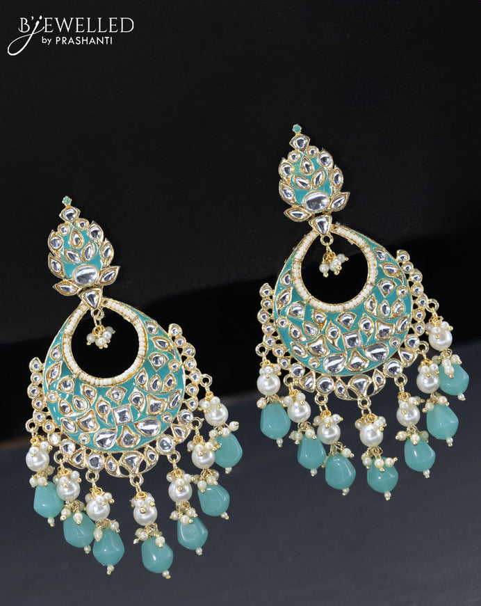 Fashion dangler chandbali light blue minakari earrings with pearl hangings