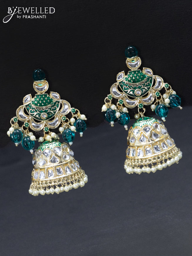 Fashion dangler teal green jhumkas with kundan stones and pearl hangings